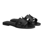 Hermes Oran Sandal Black Calfskin – White Top Stitch Flat - Image 2