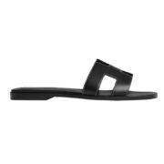 Hermes Oran Sandal Black Calfskin – White Top Stitch Flat